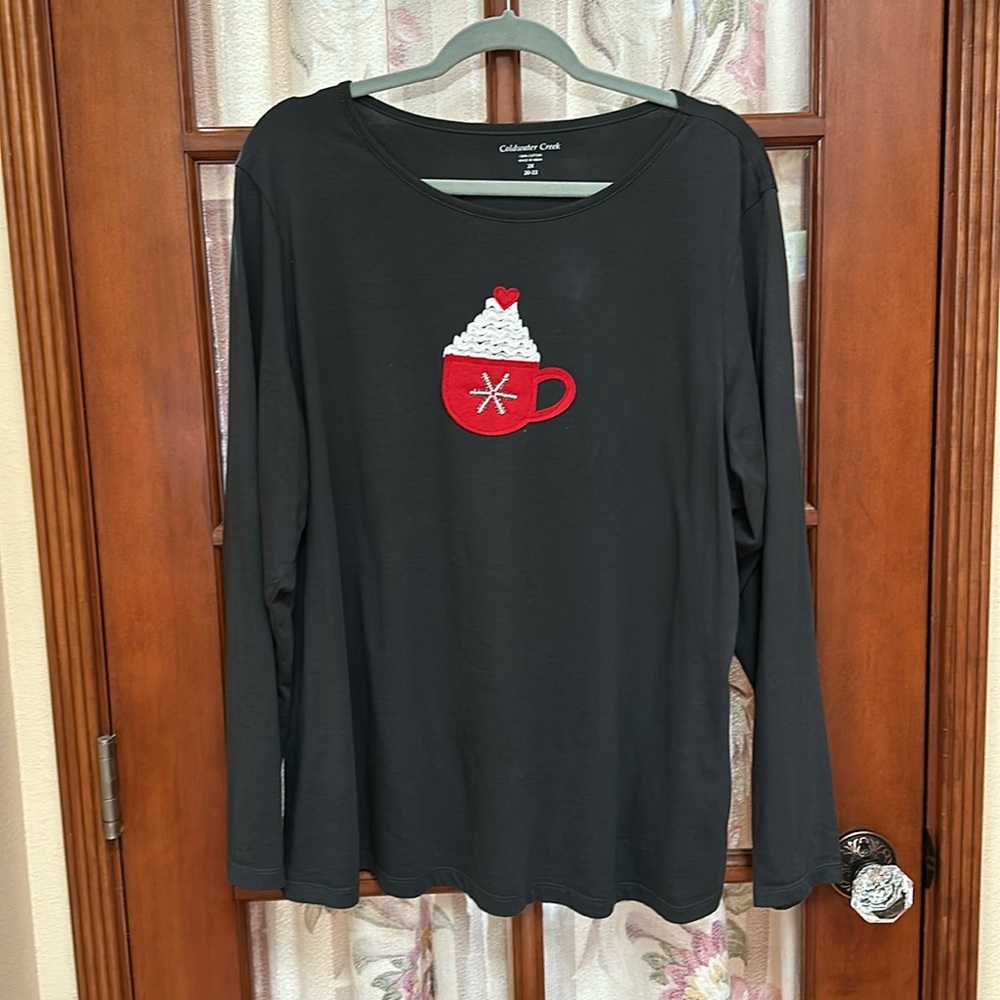 Coldwater Creek Holiday Shirt - hot cocoa with rick-rack & beading 2x